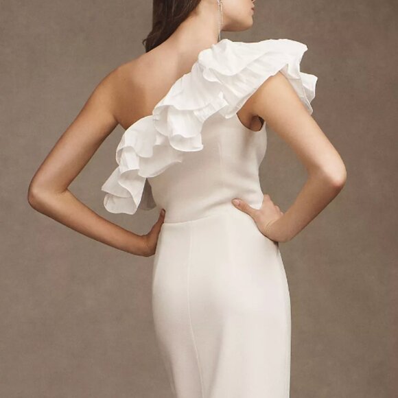 REBECCA VALLANCE CHLOE TAFFETA ONE-SHOULDER CREPE COLUMN GOWN- US 4 - Picture 3 of 8